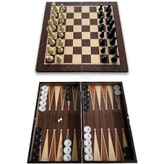 LANTBERG® 3-in-1 šaha spēle | 50 cm x 50 cm | Saliekams | Šahs Backgammon Lady | Atpūtas spēle bērniem, ceļojumiem, ģimenēm | Melnbalts | tavla