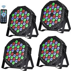 Iepakojumā 4 LED Par prožektori, 36 LED skatuves gaisma, diskotēkas gaisma, ballīšu gaisma, dīdžeja gaisma, RGB DMX512 ar tālvadības pulti, skatuves apgaismojums, 7 apgaismojuma režīmi KTV dīdžeju bāra ballītēm, kāzām Helovīna Ziemas