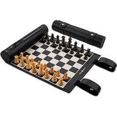 Melia Games Rolling Chess - Magnetic Travel Chess Made of Finest Genuine Leather with Handmade Wooden Chess Pieces (Black & White)