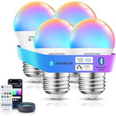 Aigostar 6,5 W Alexa spuldze Bluetooth Mesh G45, viedā spuldze darbojas ar Alexa, viedā spuldze E27 LED 555LM RGB & 2700K-6500K, 4 gabali (ar Bluetooth tālvadības pulti).