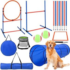 Tanniws Agility rinkinys šunų dresūros judrumo rinkinys šunims didelis 8 slalomo lazdos spyruoklinis žiedas, 2 kamuoliai, laužymo dėžutė, vaišių krepšys, nešiojimo krepšys šunų intelekto žaislų judrumo rinkinys šunims maži