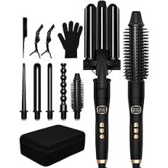 Curling Iron with Various Attachments, Curling Iron Set 6 in 1 with 9-32 mm Curling Iron 3 Barrels, Curling Iron Large Curls, Curling Iron Small Curls, Curling Brush & Straightening Brush, [with