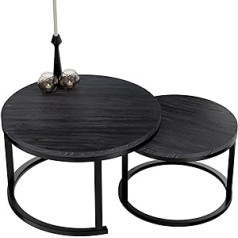 HeyHeaven® apvalus medinis kavos staliukas, 2 komplektas, apvalus sofos staliukas, juodo medžio išvaizda su juodu metaliniu rėmu, modernus svetainės, miegamojo ir balkono stalas, skersmuo 60 cm, skersmuo 40 cm