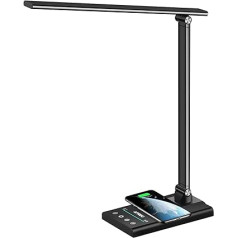 AFROG LED galda lampa ar 10 W bezvadu lādētāju, USB uzlādes pieslēgvieta, biroja lampa, galda lampa ar 5 krāsām un 10 spilgtuma līmeņiem, jutīga vadība, 60 minūšu taimeris, nakts gaismas funkcija