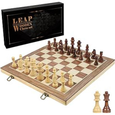 LEAP Chess Set 43 cm x 43 cm Wooden Chess Set Board, with 2 Extra Queens, Foldable Handmade Large Size Chess Board Game Sets with Pieces Storage Slots for Adults or Beginners