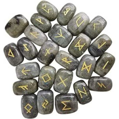 Lovionus89 Набор натуральных рунических камней (25 штук), полированный драгоценный камень с резьбой, исцеление кристаллами Рейки, лунный камень