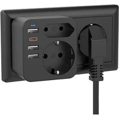 Divkāršs kontaktligzdas spraudnis, vairākas ligzdas ar 1 C tipa (PD 20 W, ātra uzlāde) un 3 USB, divvirzienu vairāku kontaktligzdas adaptera spraudnis, saderīgs ar tālruni, ligzda ar USB C, melns