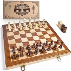 Koka šaha spēle, MBUAFYA lielā šaha galda turnīrs 39 cm Augstas kvalitātes pārnēsājama 2-in-1 šaha spēle Dāmu galda spēle Magnētiski salokāma ceļojumu šaha spēle pieaugušajiem bērniem