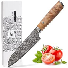 Zayiko Kinone Premium mazs Santoku nazis ar 12 cm asmeni, kas izgatavots no 67 slāņiem īsta Damaskas tērauda ar koka rokturi bērza I Damaskas nazis virtuves nazis un profesionāls šefpavāra nazis