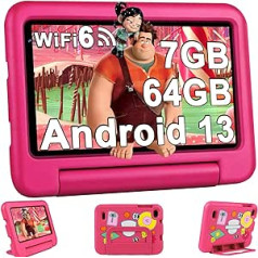 2024 m. Vaikiški planšetiniai kompiuteriai 7 colių FHD Android 13 OS Wi-Fi 6 Bluetooth 5.0, 7GB RAM + 64GB ROM (TF 1TB) GMS sertifikatas | Tėvų kontrolė | 3500 mAh | AR aptikimo gyvūnų kortelės | EVA apsauginis dėklas, rožinis