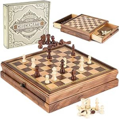 Gibot koka šaha un dāmu spēle, 2-in-1, ar rokām darināts šahs ar uzglabāšanas atvilktni, riekstkoka magnētiskā šaha galda spēle galda spēle Dāvana ballītes ģimenes aktivitātēm, 31,5 x 31,5 cm