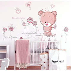 WandSticker4U Sienas uzlīme Baby Bear rozā Cute Bear Teddy Bear Heart Flowers Butterflies Ladybird Sienas uzlīmes dekorēšana bērnu guļamistaba Bērnu istaba 100 x 75 cm