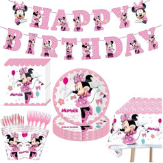 Gujey Minnie Party Tableware Set, Minnie Mouse Birthday Decoration Set Cup Table Decoration for Children's Birthday Party Supplies Table Decoration Party Tableware Set for 10 People