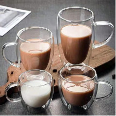 4 x 150 ml, 250 ml, 350 ml, 450 ml, double-walled insulated glass coffee cups, thermal glasses for hot and cold drinks, heat-resistant tea glass, coffee glass, glass coffee cups with handle, cups