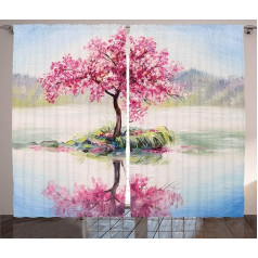 ABAKUHAUS Sakura Rustic Japanese Cherry Tree Bedroom Ruffle Tape Curtain with Tabs and Hooks, 280 x 245 cm, Pink Green