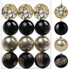 SHareconn Pack of 12 3.15 Inch Christmas Tree Baubles, Colourful Shatterproof Plastic Tree Baubles for Christmas Tree Decoration, Holiday, Wedding, Party Decoration (Black & Gold, 80 mm) (8 cm, Black