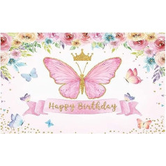 Allenjoy Happy Birthday Butterfly Party Background Baby Girl Fairy Princess Pink Rose Floral Gold Photography Background Kids Sweet Cake Table Banner Decor Supplies