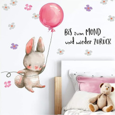 Little Deco DL228 Sienas uzlīme Bērnu istaba Trusis un uzraksts Bis zum Mond I L - 158 x 92 cm (platums x augstums) I Balons Rozā Bērnu bildes Dekorācijas Bērnistabas Girl Uzlīme