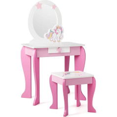 Costway Vaikiškas tualetinis staliukas su taburete, princesės tualetinis staliukas su stalčiumi ir nuimamu veidrodžiu, rožinis tualetinis staliukas mergaitėms nuo 3 iki 7 metų (rožinis)