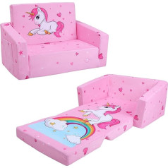 Decalsweet Foldable Children's Sofa Back Chair 2 in 1, Stable Children's Chair with Fabric Bag and Non-Slip Cushion, Soft Lightweight Flip Open Children's Chair for Bedroom, Living Room, Playroom, Unicorn