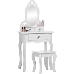 Runesol Balts meiteņu tualetes galdiņš ar spoguli un tabureti bērniem | Mazs bērnu galdiņš, ideāli piemērots meitenēm | Spoguļgalds, koka tualetes galdiņš ar 3 nodalījumiem, sirds formas dizainu un kristāla pogām