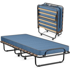 Costway 80 x 190 cm gulta viesiem ar atmiņas putu matraci, saliekama vienvietīga gulta, izturīga metāla gulta līdz 130 kg, saliekama gulta uz riteņiem, saliekama gulta viesu istabai, portatīva gulta (zila)