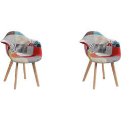 Hjhomeheart Patchwork Fabric Dining Chairs with Armrests, Modern Design Chair, Scandinavian Kitchen Chair Made of Beech Wood (Red)