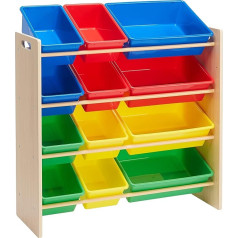 Amazon Basics Bērnu rotaļlietu glabāšanas trauks ar 12 plastmasas konteineriem, dabīga koka ar krāsainiem konteineriem, 27,7 D x 85,3 W x 79 H cm