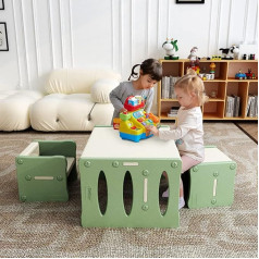 Banasuper Table and Chair Set for Children, Children's Plastic Desk with 2 Stools, Multifunctional Furniture Set for Toddlers, Home, School, Nursery (Green Grey)