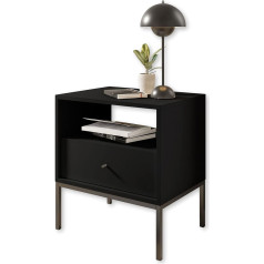 Stella Trading INES Bedside Table with Metal Frame, Black, Modern Bedside Cabinet with Drawer and Open Storage Compartment, 54 x 57 x 39 cm (W x H x D)