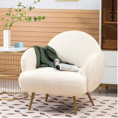 Aisall Krēsls, moderns atpūtas krēsls, vienvietīgs atpūtas dīvāns, mājīgs Teddy audums, zelta metāla kājas, piemērots viesistabai, guļamistabai, balts, roku balsts