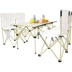 Bomoomoo Foldable Rust Protection Iron Rolling Tables & 4 Chairs for Beach Day, Outdoor Hiking, Picnics, BBQ, Cooking, Dining, Backyard Garden Party, Fishing etc. Beige