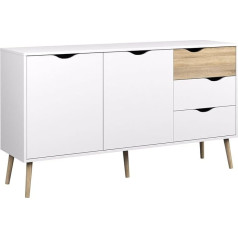 Etna Tvilum- Delta, Sideboard,Oak/White,155X52x20 Sideboard mit zwei Türen und drei Schubladen, Weiß und Eiche, Maße 147 x 81 x 39 cm