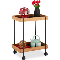 Relaxdays Serving Trolley, Tea Trolley with 2 Levels, & Iron, Side Table with Wheels, 57 x 46 x 28 cm, Black/Natural