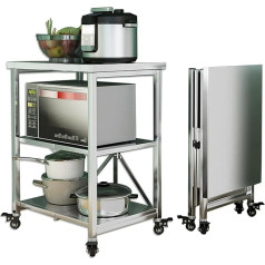 Amsxnoo Serving Trolley, Stainless Steel, 3 Shelves, Folding Transport Trolley, Storage Shelf, Kitchen Trolley, Trolley with Wheels, Utility Trolley for Restaurant, Hotel, School, Household Trolley