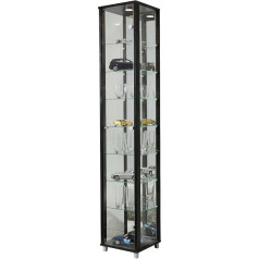 Br-Wohndesign Kolekcionāra stikla vitrīna ar LED un 7 stikla plauktiem ar regulējamu ESG stikla augstumu melnā krāsā 172 x 32 x 33 cm