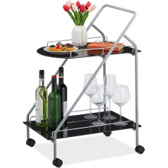 Relaxdays Serving Trolley 2 Shelves Rotating Wheels H 84 x W 45 x D 60 cm Modern Glass & Metal Black