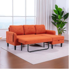 Bgsryao Sofa su miego funkcija, didelė sofa, 3 vietų sofa, L formos, 184 cm, dvipusė sofa-lova su laikymo šezlongu, svetainės baldai su taburete, kušetė, lovos dėžė, daugiafunkcinė sofa, oranžinė