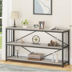 LVB Farmhouse Industrial Console Table Koka metāla foajē ieejas dīvāna galds ar glabāšanas telpu 3 līmeņu garš lauku ieejas galds TV statīvs ar plauktiem mājas dzīvojamai istabai Priekšnams Gaiši pelēks ozols 140