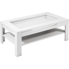 Byliving Ralph kafijas galdiņš Moderns dīvāns ar stikla ieliktni un plašu atvilktni baltā krāsā / Sānu galdiņš ar daudz vietas glabāšanai / 110 x H 43 x D 67 cm