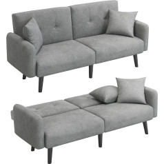 Vesgantti 3 vietų sofa-lova, atlošo atlenkimas 105°/135°/180°, 3 vietų sofa su miego funkcija ir dviem pagalvėlėmis 187 x 83 x 82 cm, dirbtinio lino sulankstomos sofos, svetainės sofa-lova, pilka