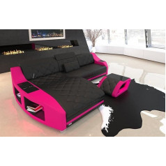 Sofa Dreams Corner Sofa Swing Leather Sofa L Shape Sofa with LED Lighting, Adjustable Headrests, Chaise Longue / Choice of Leather Colours / Orientation Selectable (Ottoman Left, Pink-Black)