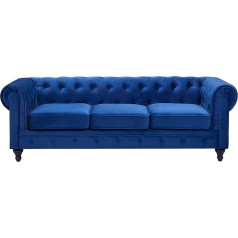 Beliani 3-Sitzer Sofa Samt blau dicke Sitzkissen Armlehnen Knopfheftung Chesterfield