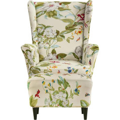 Highdi 2-Piece Wing Chair Cover with Ottoman Protective Cover, Armchair Throws, Wing Chair Protective Covers, Stretch Tiger Chair Cover with Armrest, High Backrest (Flowers and Leaves)