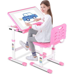 Gototop Children's Desk with Chair and Drawer 0~45° Tilting Student Desk 54-76 cm Height Adjustable for Students Youth