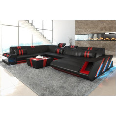 Sofa Dreams Apollonia XXL U-Shape Living Landscape Leather Couch with LED Leather Sofa with Ottoman and Headrests (Ottoman Right, Black/Red)