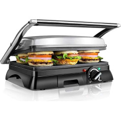 Aigostar Samson 30KLU XXL Contact Grill, Panini Grill, Sandwich Maker, 2000 Watts, Stainless Steel with Non-Stick Coating, Opens 180 Degrees, Temperature Control