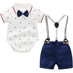 Balipig Baby Jungen Gentleman Anzüge 3tlg Bekleidungssets für Baby Jungen Body Strampler mit Fliege + Hosenträger Shorts + Hut Taufe Hochzeit Baby Gentleman Outfit Set für Kinder 0-24 Monate