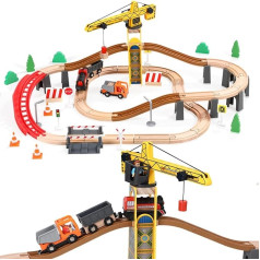 Turmkran Holzeisenbahn Set, 72 Teiliges Batteriebetriebenes Spielzeugeisenbahngleis für Jungen und Mädchen von 3–7 Jahren, passend für Thomas The Train, Brio, Melissa & Doug und Eisenbahntisch