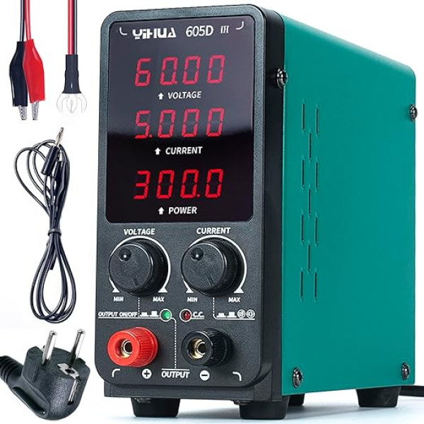 YIHUA 605D-III līdzstrāvas laboratorijas barošanas avots 60 V 5 A Regulējams galda līdzstrāvas laboratorijas barošanas avots, regulējams ar krokodilu skavām, automātiskais CC/CV režīms elektronikai, remontam, galvanizācijai,